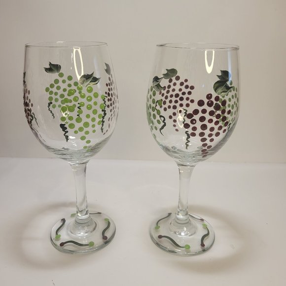 Hand Painted Wine Glasses Purple and Green Grapes Set of 2 17 oz. - Picture 1 of 6